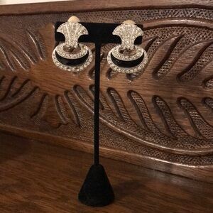 Vintage Rhinestone Black Enamel Clip Earrings
